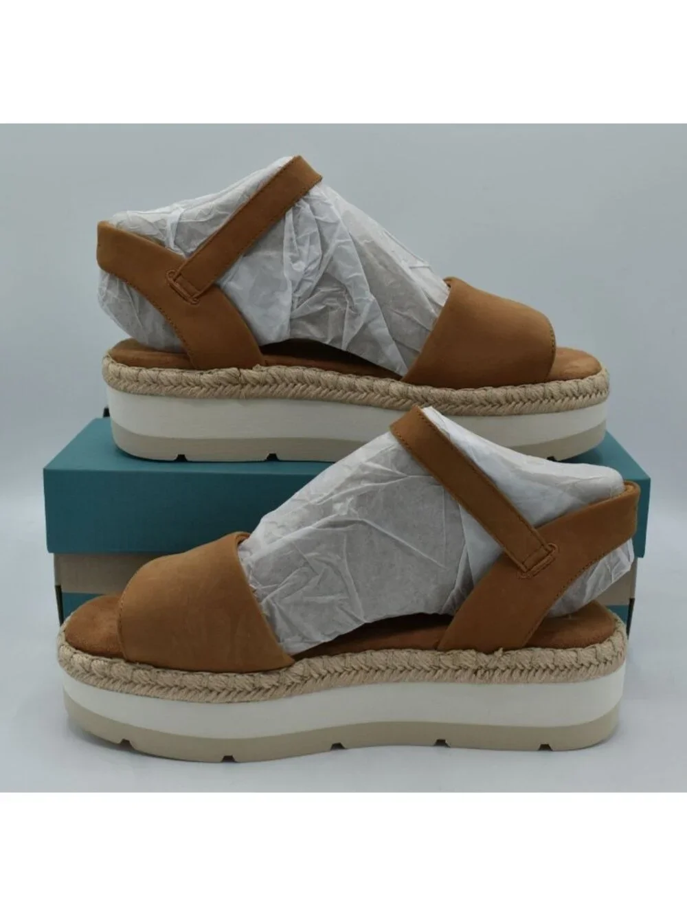 TOMS‎ Womens Size 10 Ronan Tan Leather Espadrille Platform Sandals Shoes